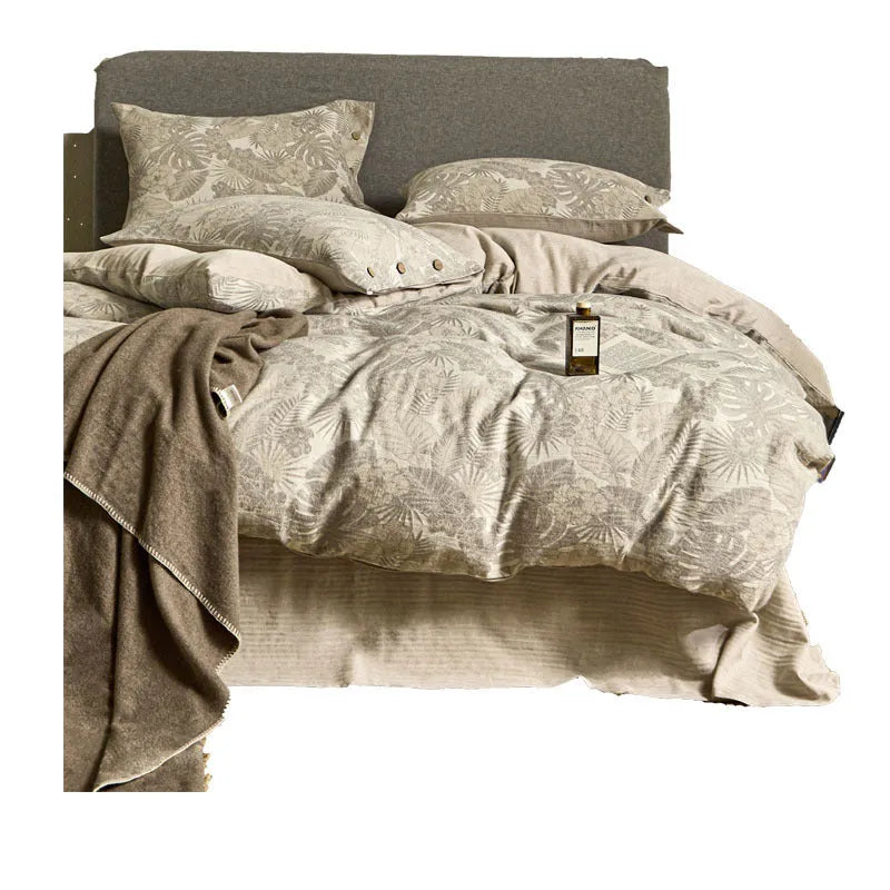 Linen cotton four-piece bedding set with jacquard floral pattern on 1.5m double bed