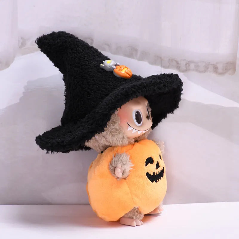 Halloween pumpkin doll clothes with black hat, plush doll outfit and hat set for doll or hanging ornament use