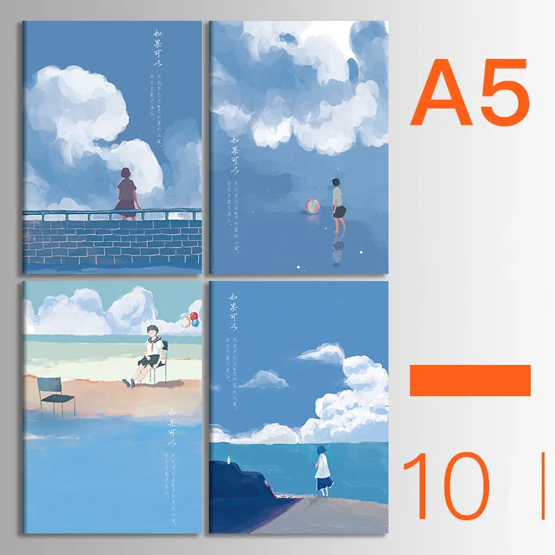 Pack of 10 A5 and B5 soft cover kraft paper notebooks with various designs, showing thread binding.
