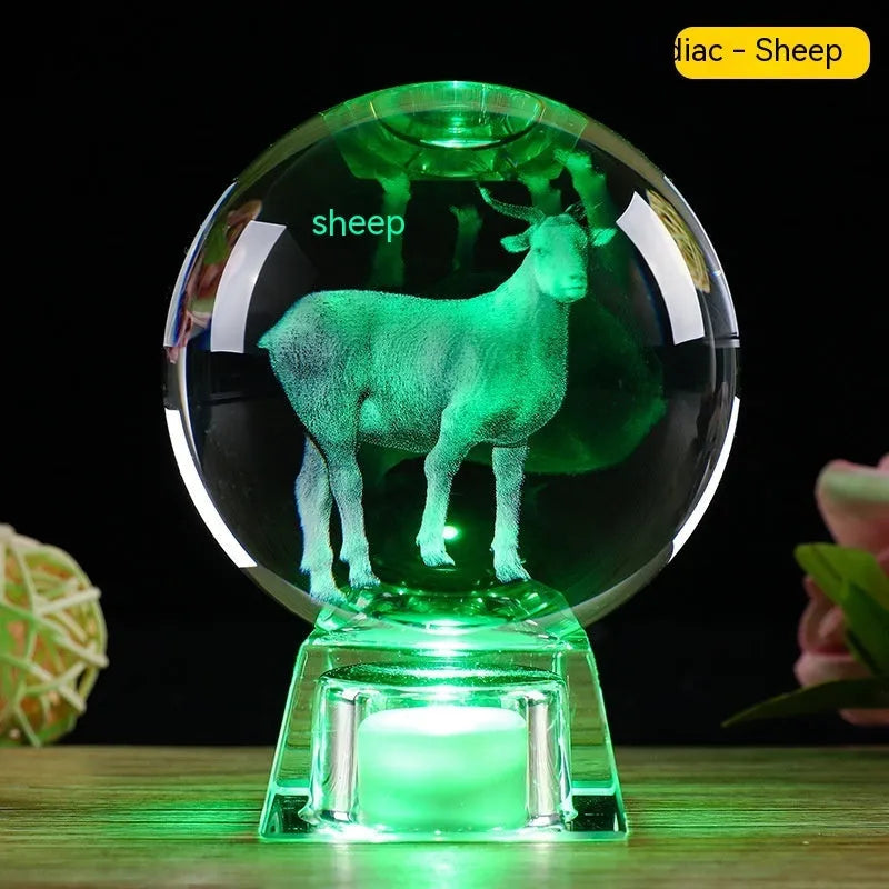 White crystal ball lamp with Chinese zodiac animal figurine on LED electronic base