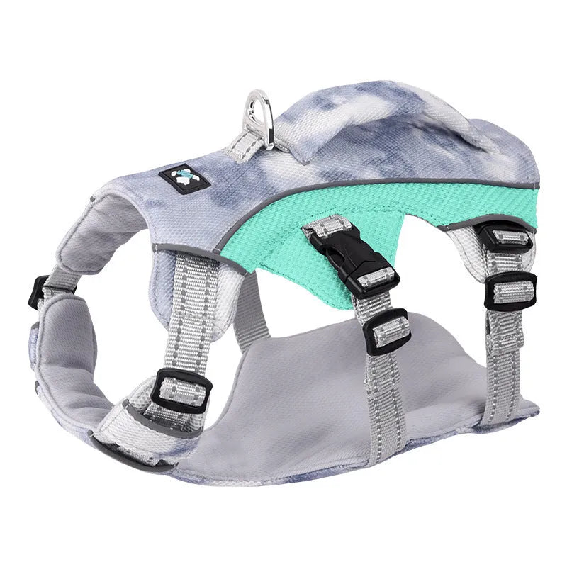 Reflective dog cooling chest strap harness in light blue on a dog.