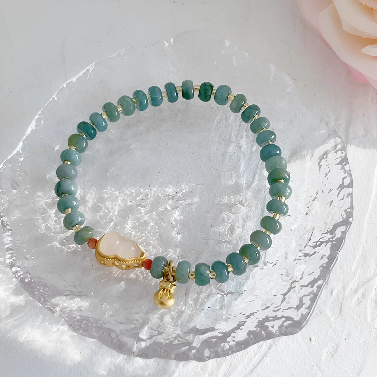 Gourd peace buckle jade bead bracelet for women in four colour options including Hetian jade and strawberry quartz