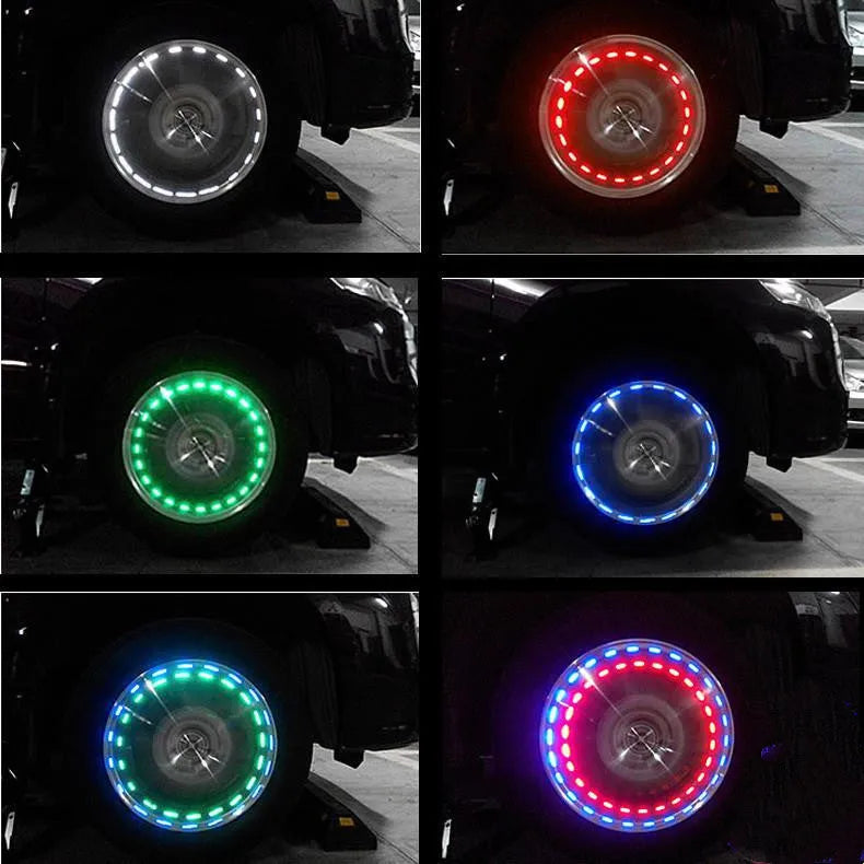 Colourful solar powered wheel hub lamp valve on a car tyre with intelligent induction system