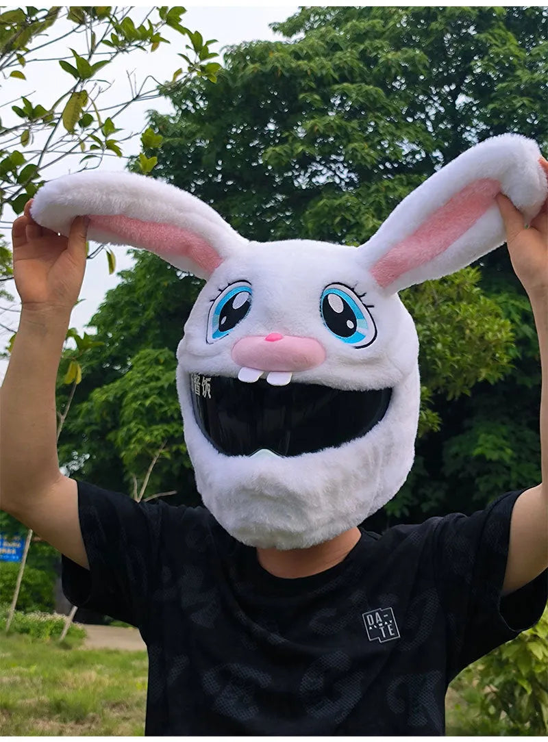 White decorative rabbit head helmet cover for electric motorcycles with warm plush PP cotton construction