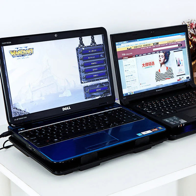 Naju N5 ultra-thin black notebook cooler with large 14.5cm main fan and four small fans on iron mesh panel