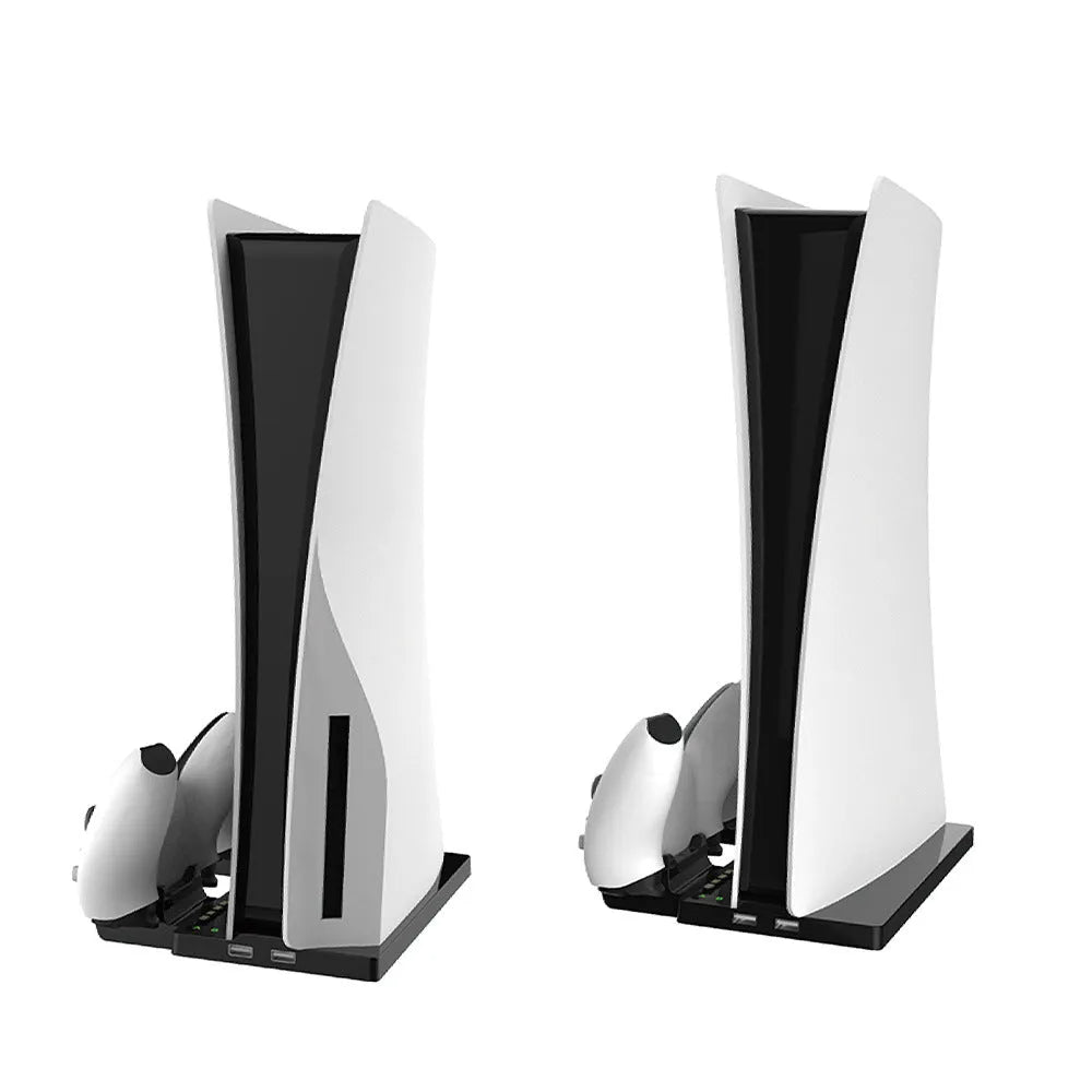 PS5 multi-function charger stand in black material with USB interface for console and controller