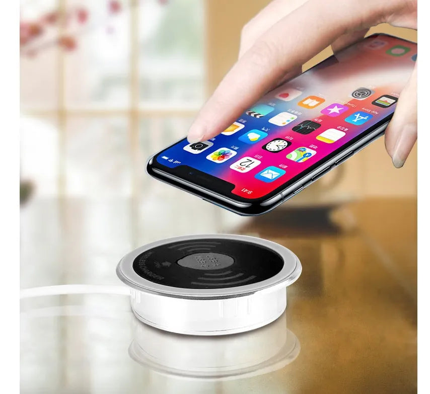Black desktop embedded Qi wireless charger with 60mm inner diameter for desk hole installation