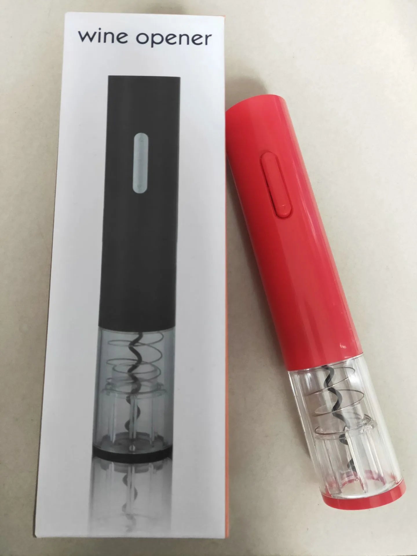 Electric wine opener with automatic corkscrew and foil cutter in black, red or white colour options