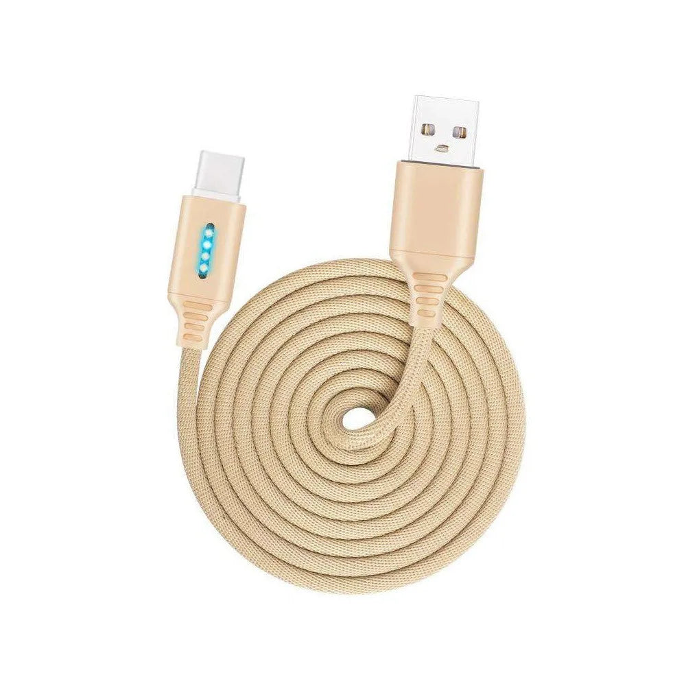Fabric braided USB charging cable in various colours with Android, iPhone, and Type-C connectors