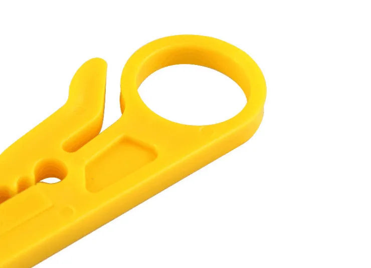 Yellow mini portable wire stripper tool with 0.6mm stripping head on a white background.