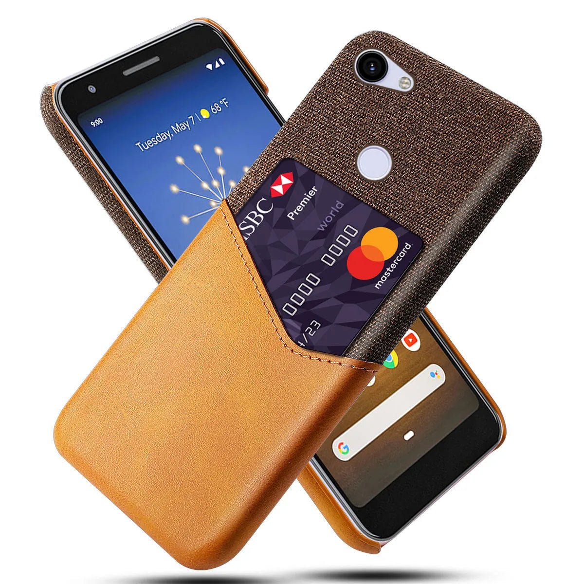 A solid colour leather mobile phone case for Google Pixel models on a table.