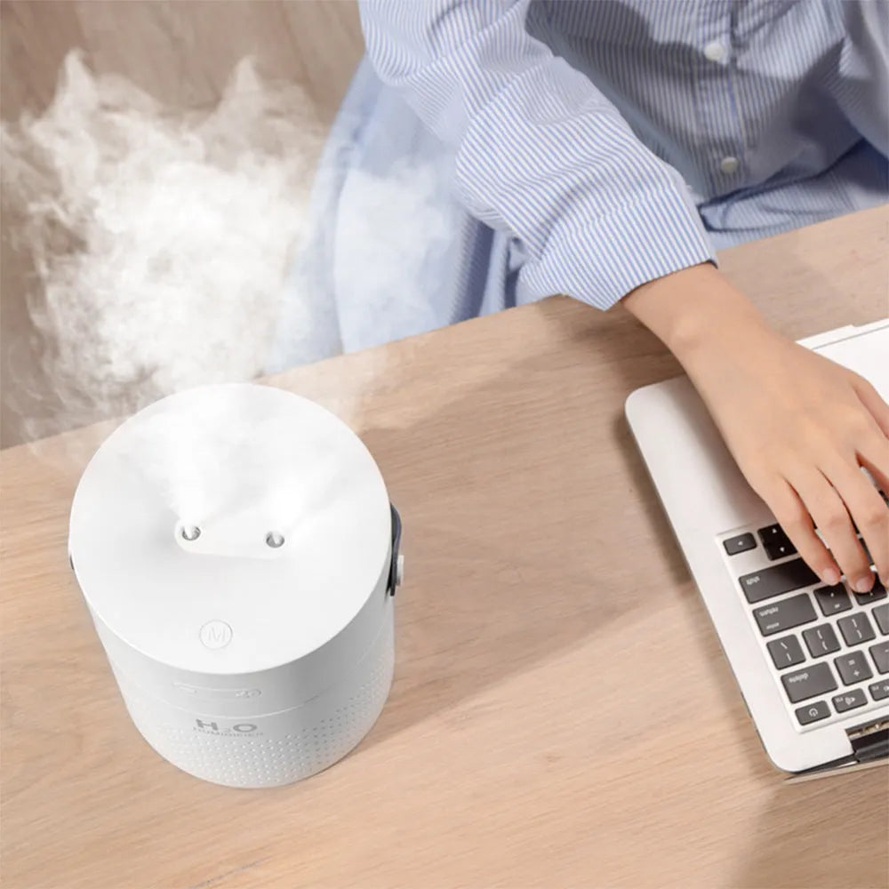 Slim USB rechargeable humidifier with colour LED light in green, grey, pink or white, showing water tank and USB port.