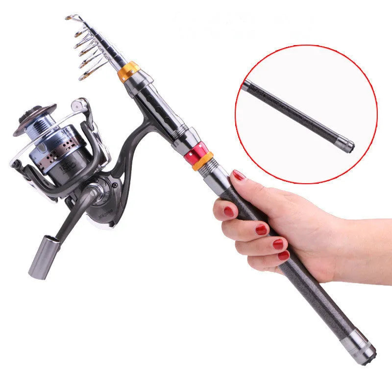 Carbon fibre telescopic sea fishing rod set with spinning reel combo in collapsed and extended positions