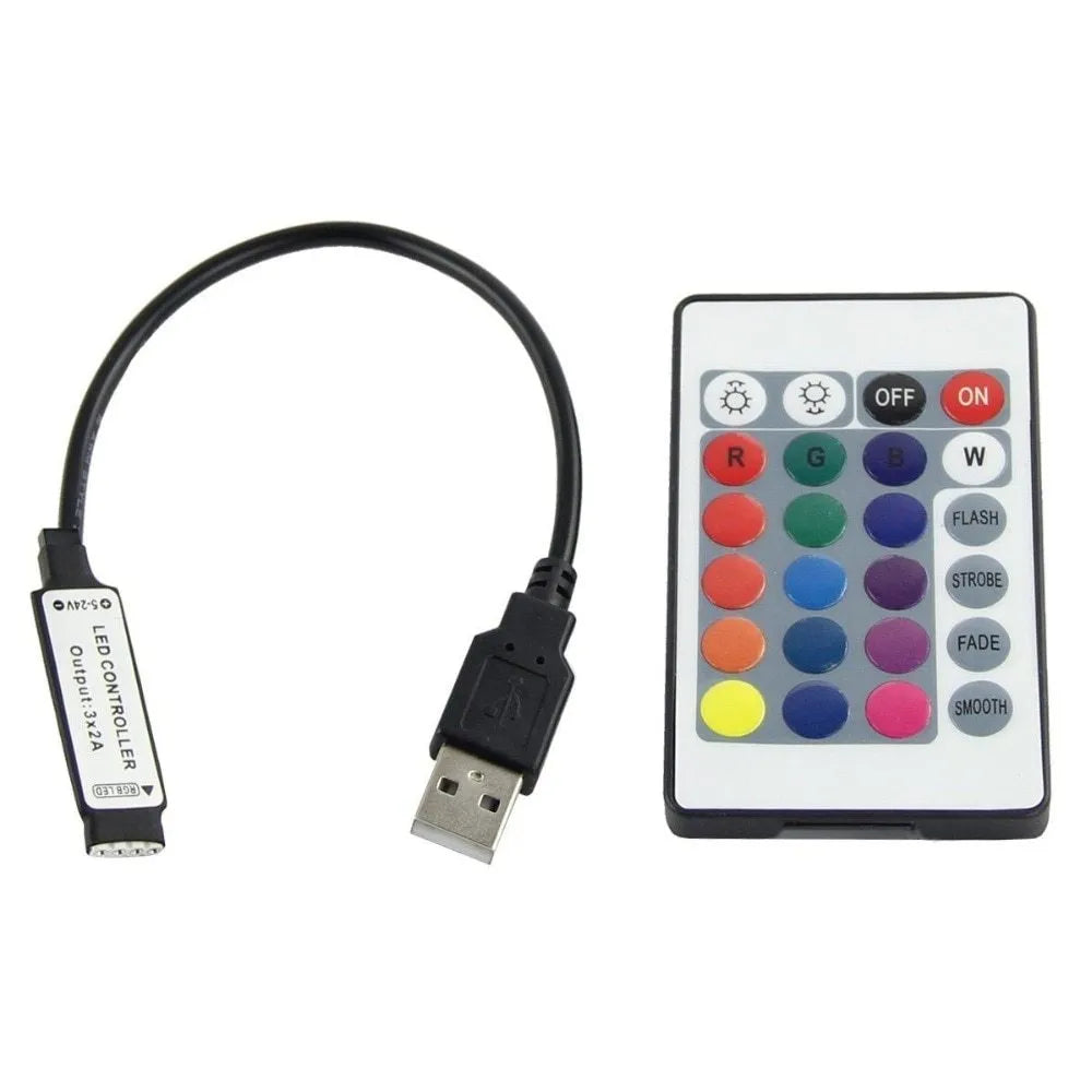 1 metre USB LED light strip showing white, blue, warm white, red, polychromatic, and green colour options