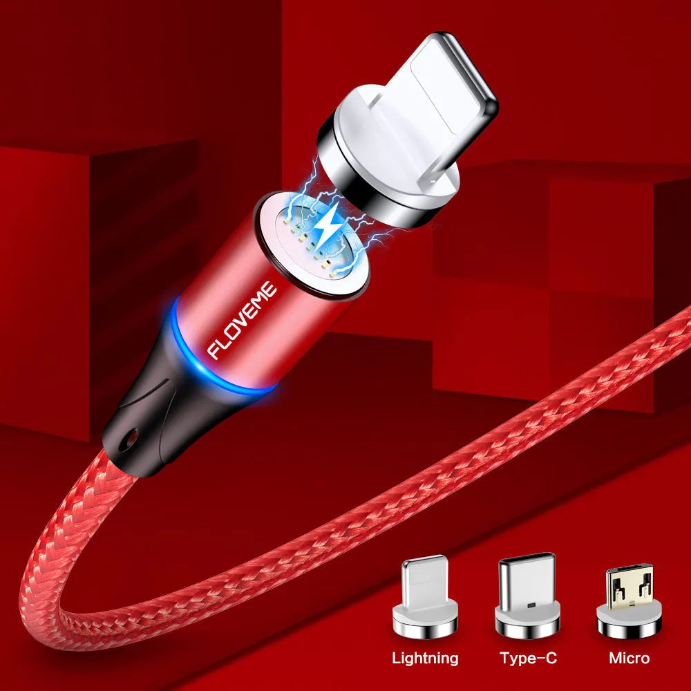 Black magnetic fast charge data cable with illuminated side lights and interchangeable connectors on a table.