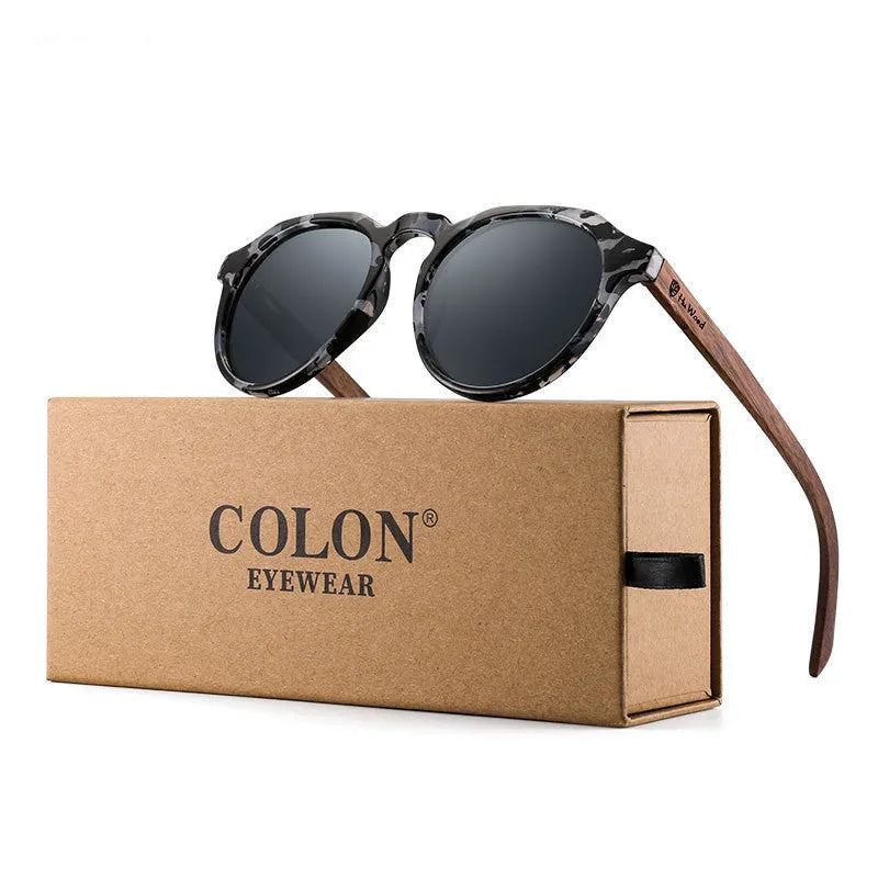 Polarized round bamboo sunglasses with PC frame and TAC UV400 lenses in Army Green, Black, Red, or Silver