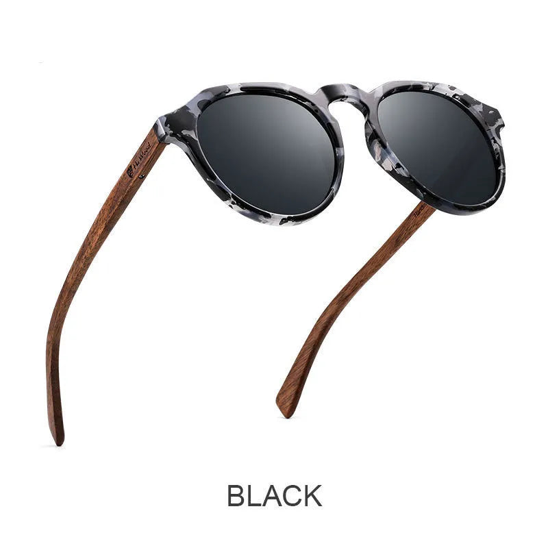 Polarized round bamboo sunglasses with PC frame and TAC UV400 lenses in Army Green, Black, Red, or Silver