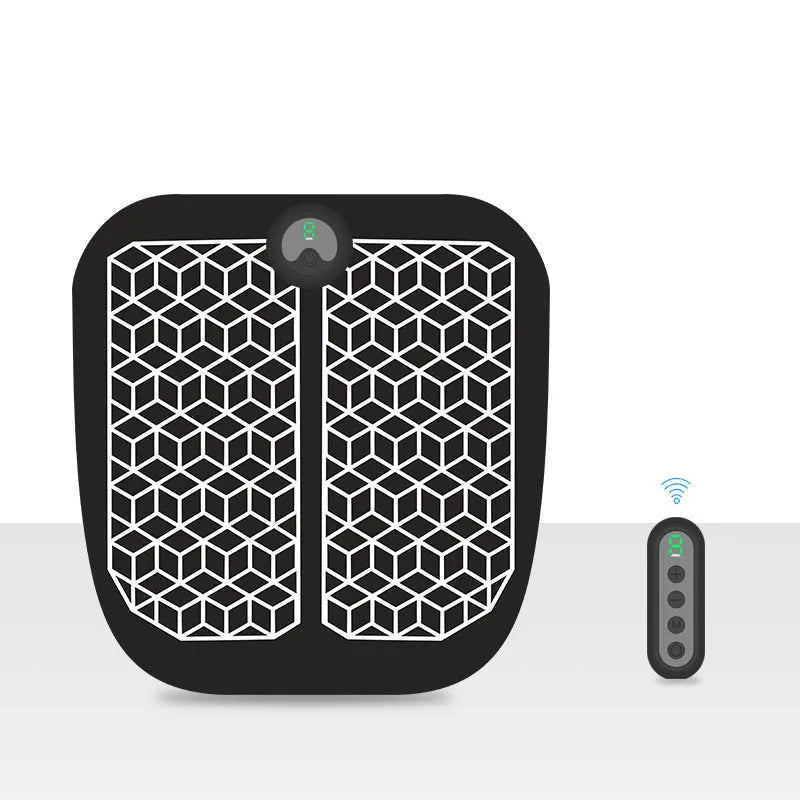 USB rechargeable EMS foot massager mat with wireless remote control, 6 vibration modes, and 10 adjustable intensity levels