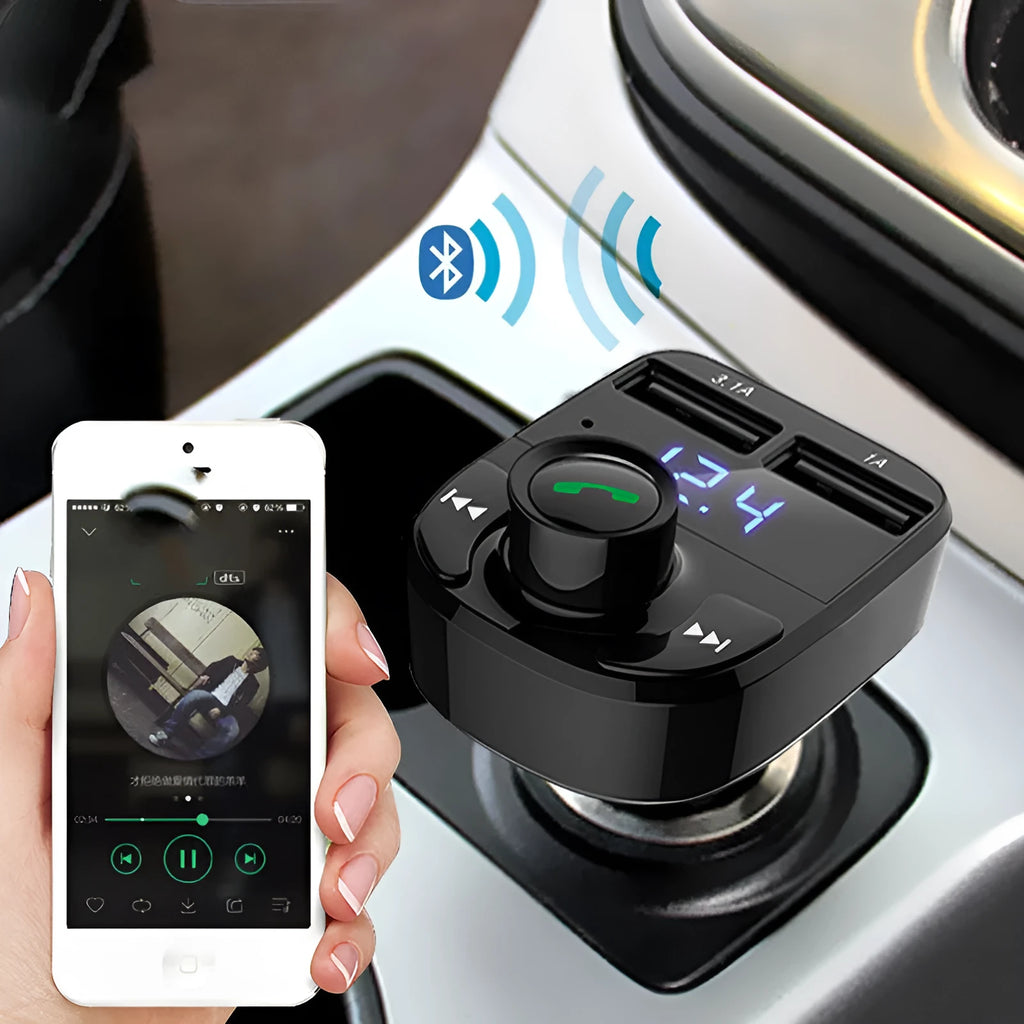 HY82 car MP3 player and Bluetooth FM transmitter with dual USB charging ports.