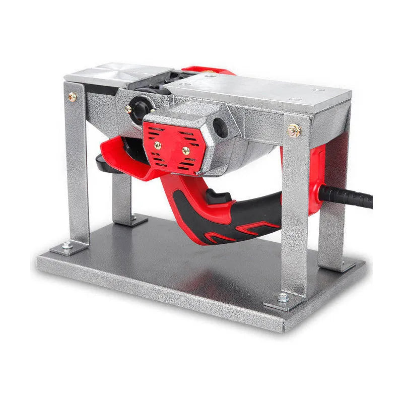 Black iron flip chip bracket for mounting a portable electric planer as an inverted benchtop tool.