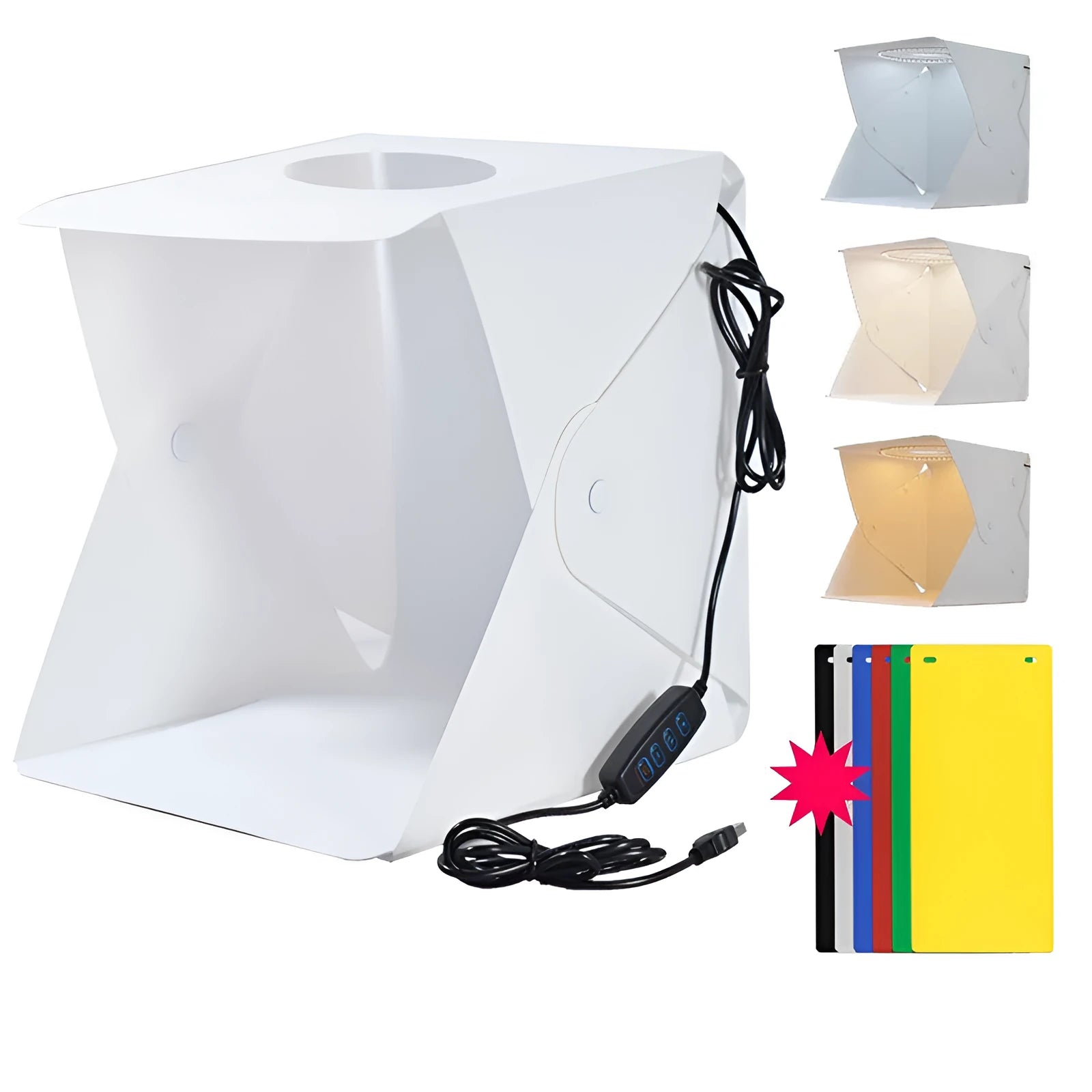 40cm folding LED photography light box with adjustable colour temperature and six coloured backdrop cloths