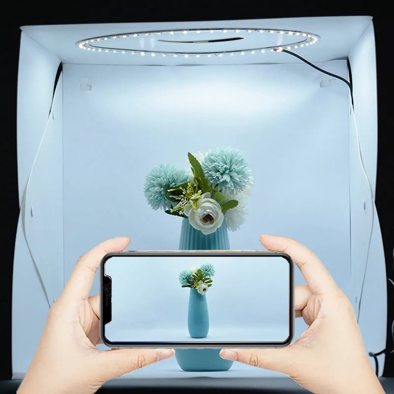 40cm folding LED photography light box with adjustable colour temperature and six coloured backdrop cloths