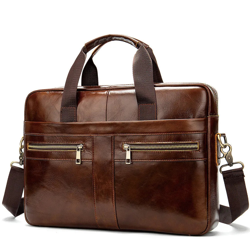 Genuine top layer cowhide leather business briefcase men's large horizontal messenger bag in brown