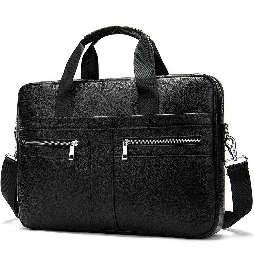 Genuine top layer cowhide leather business briefcase men's large horizontal messenger bag in brown
