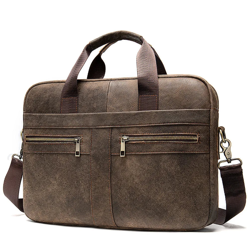 Genuine top layer cowhide leather business briefcase men's large horizontal messenger bag in brown