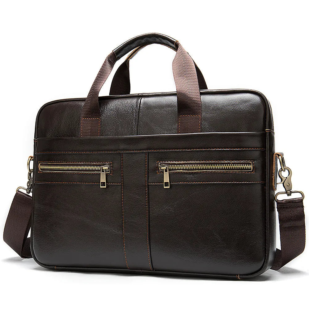 Genuine top layer cowhide leather business briefcase men's large horizontal messenger bag in brown