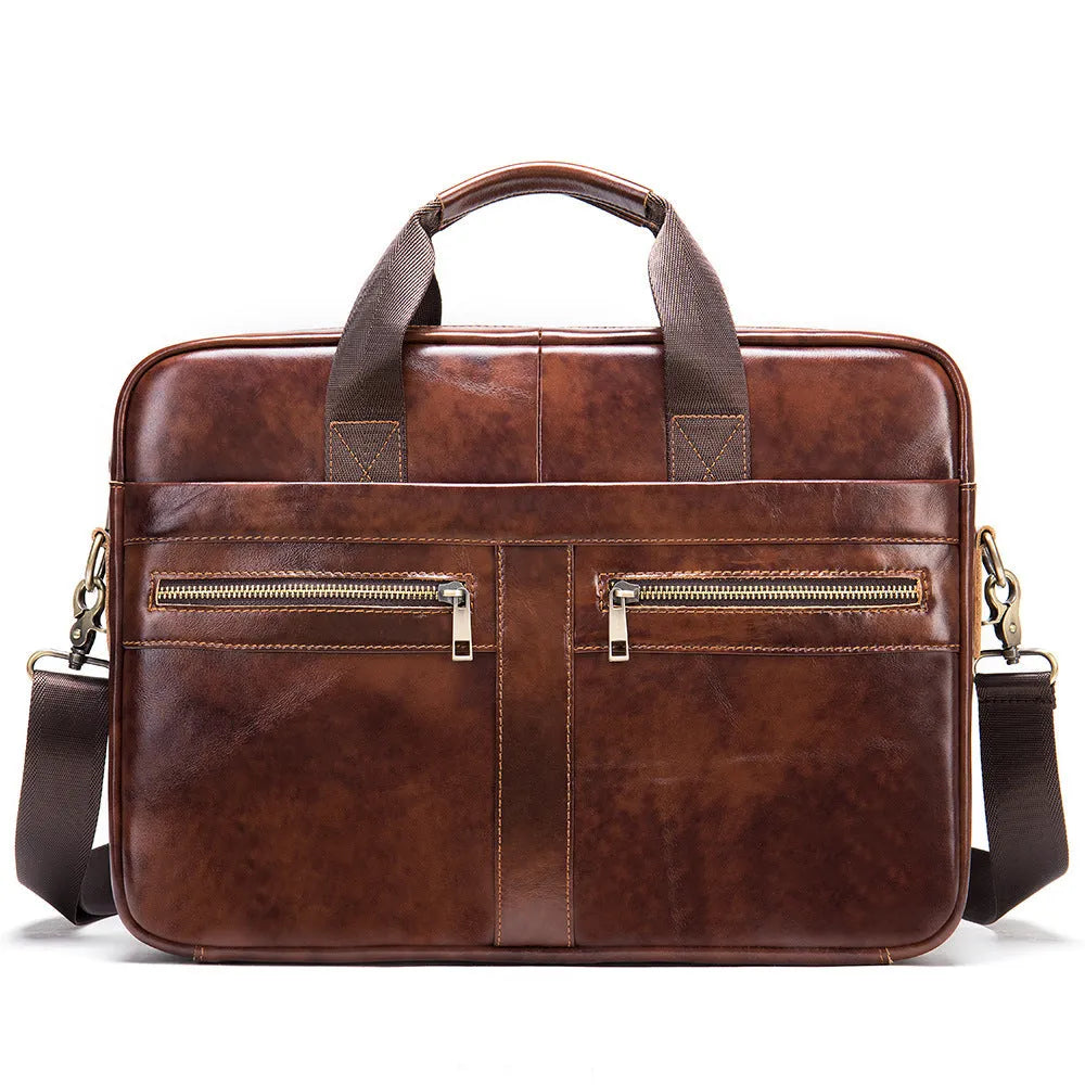 Genuine top layer cowhide leather business briefcase men's large horizontal messenger bag in brown