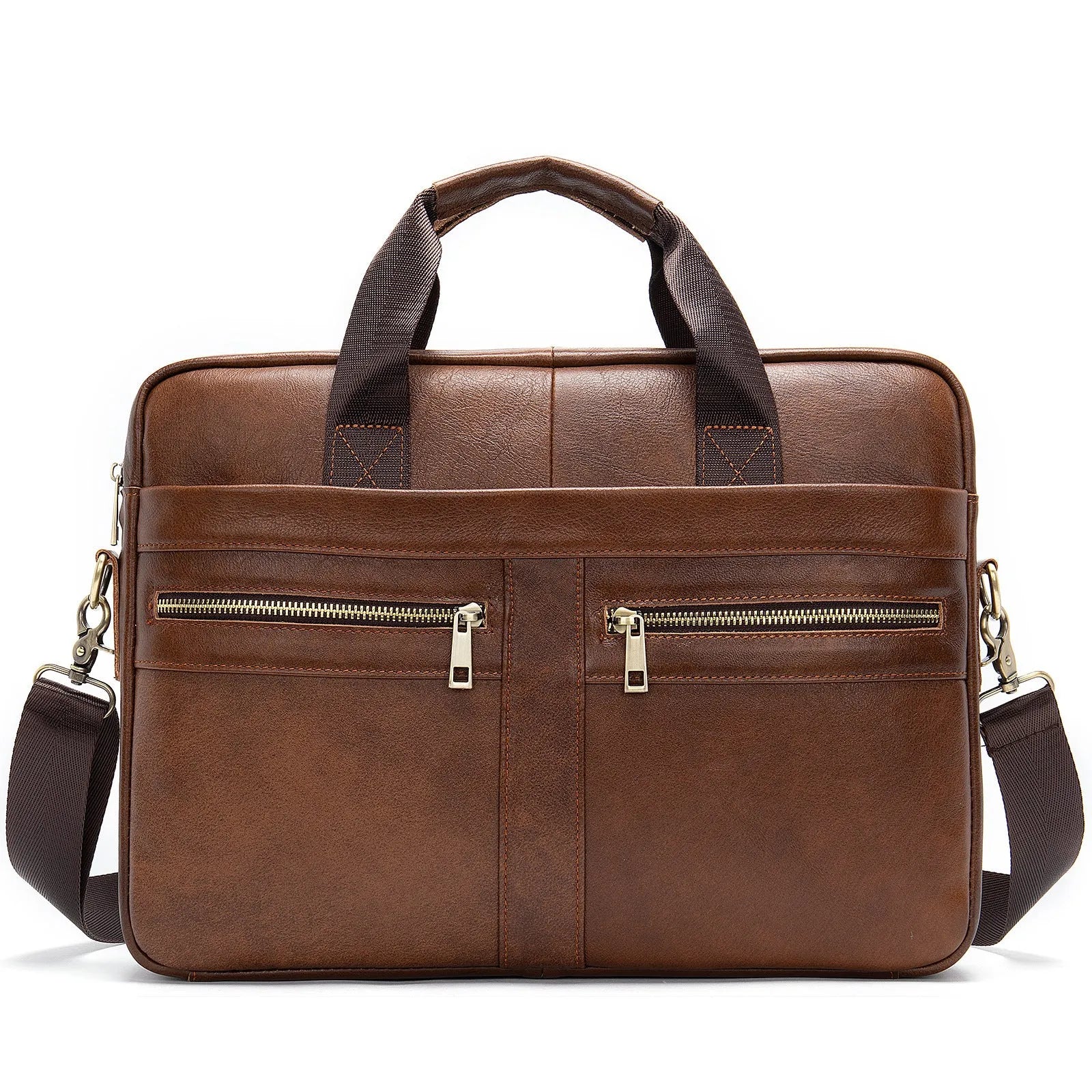 Genuine top layer cowhide leather business briefcase men's large horizontal messenger bag in brown