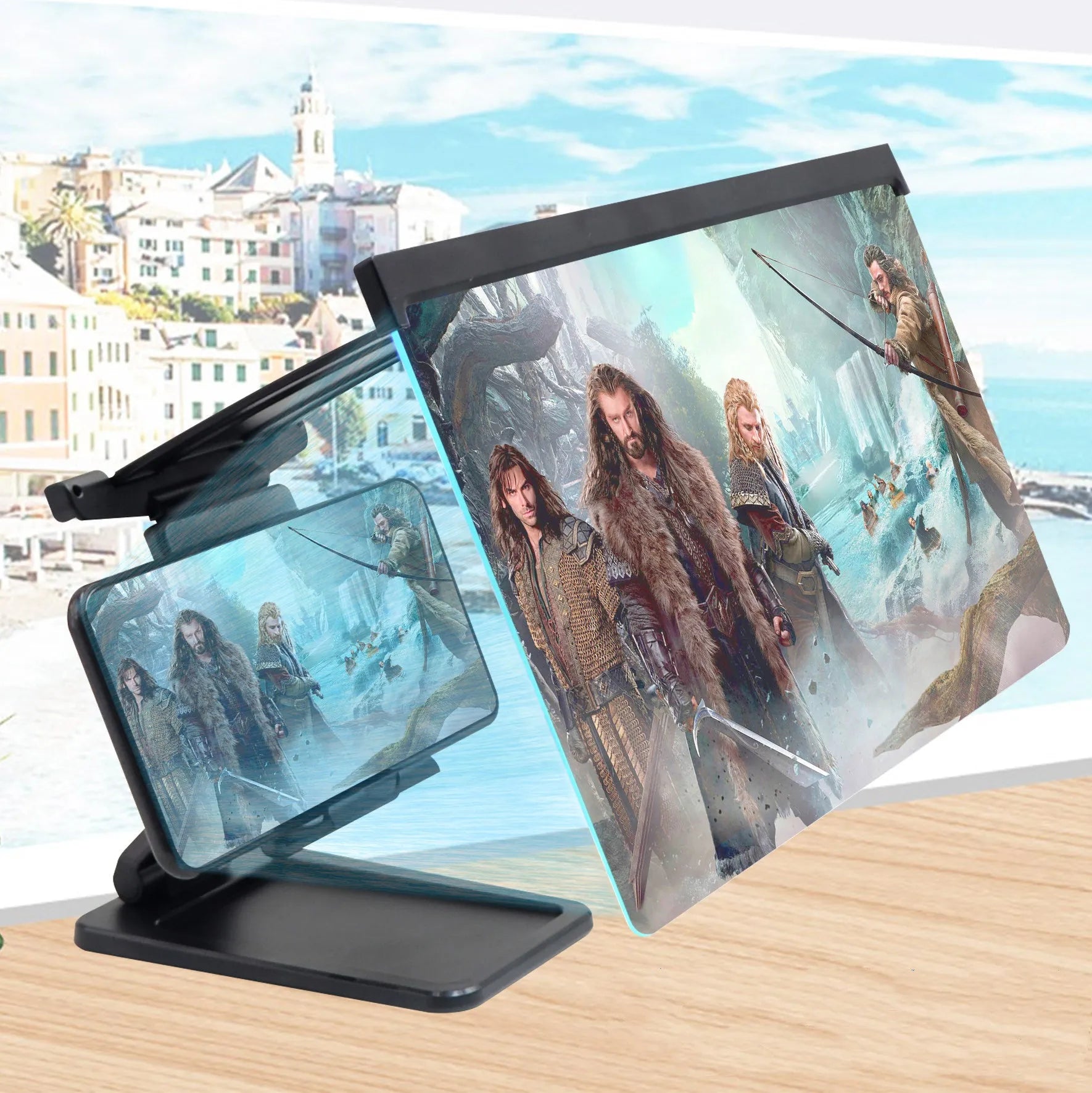 Black L20 foldable mobile phone screen magnifier showing 12-inch acrylic lens and ABS plastic construction.