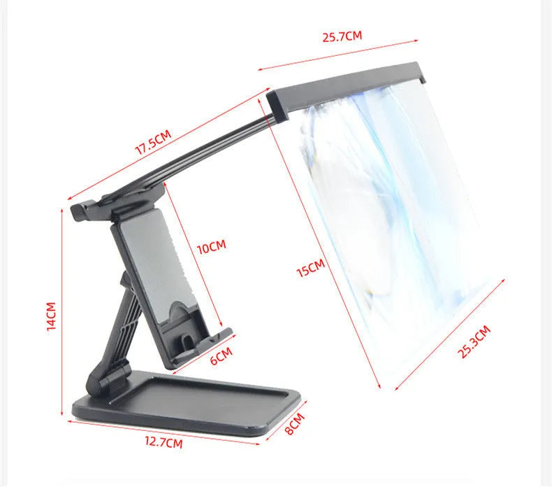 Black L20 foldable mobile phone screen magnifier showing 12-inch acrylic lens and ABS plastic construction.