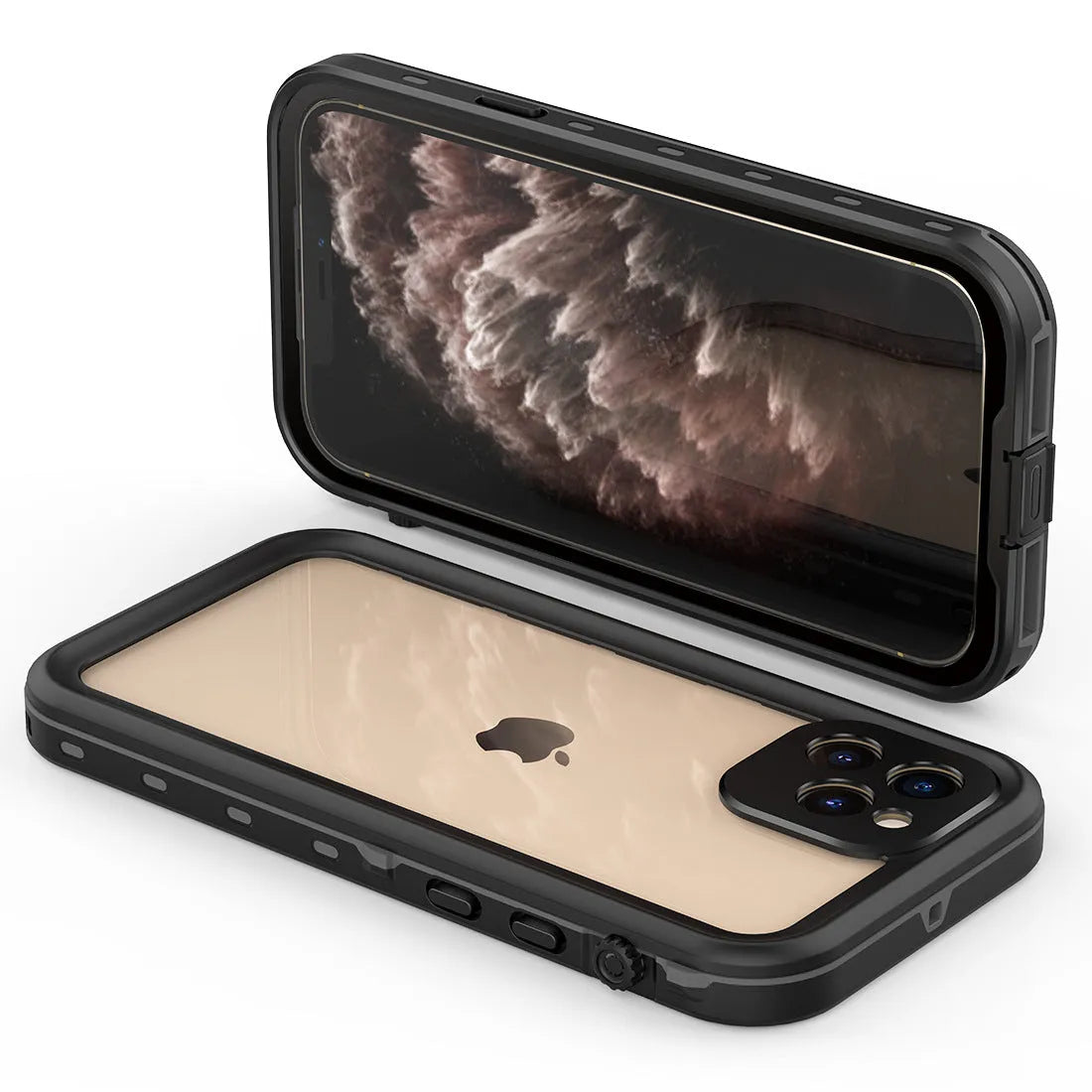 Fredpepper IP68 waterproof iPhone case in black showing front and back protection with port covers