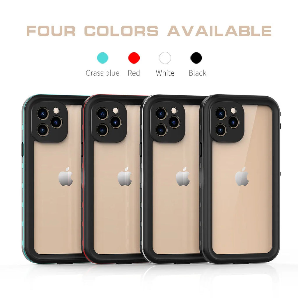 Fredpepper IP68 waterproof iPhone case in black showing front and back protection with port covers