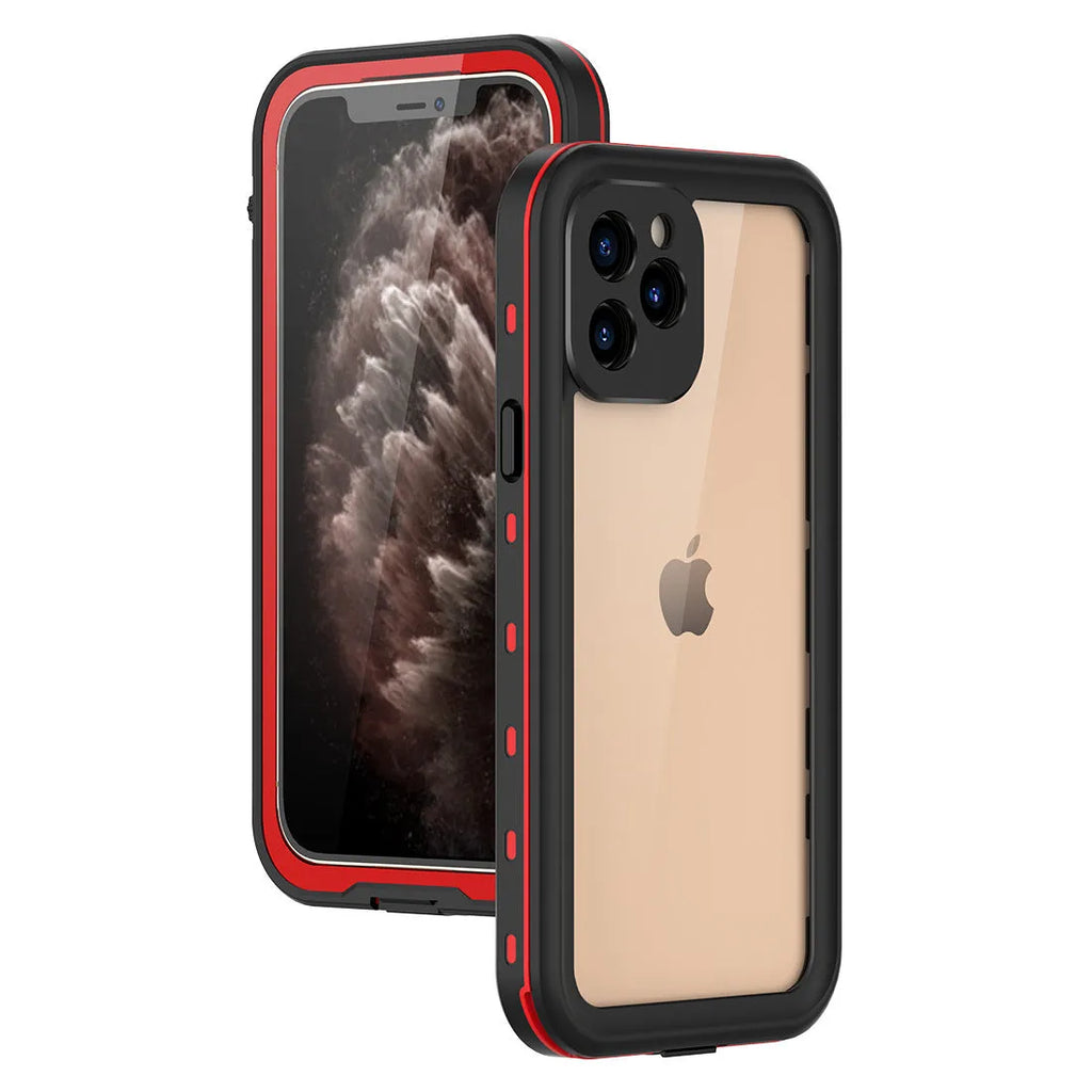 Fredpepper IP68 waterproof iPhone case in black showing front and back protection with port covers