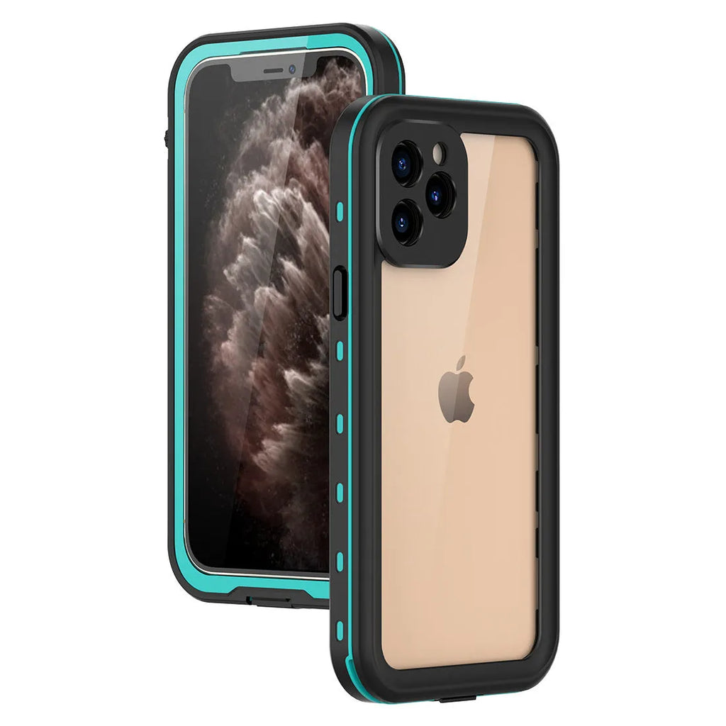 Fredpepper IP68 waterproof iPhone case in black showing front and back protection with port covers