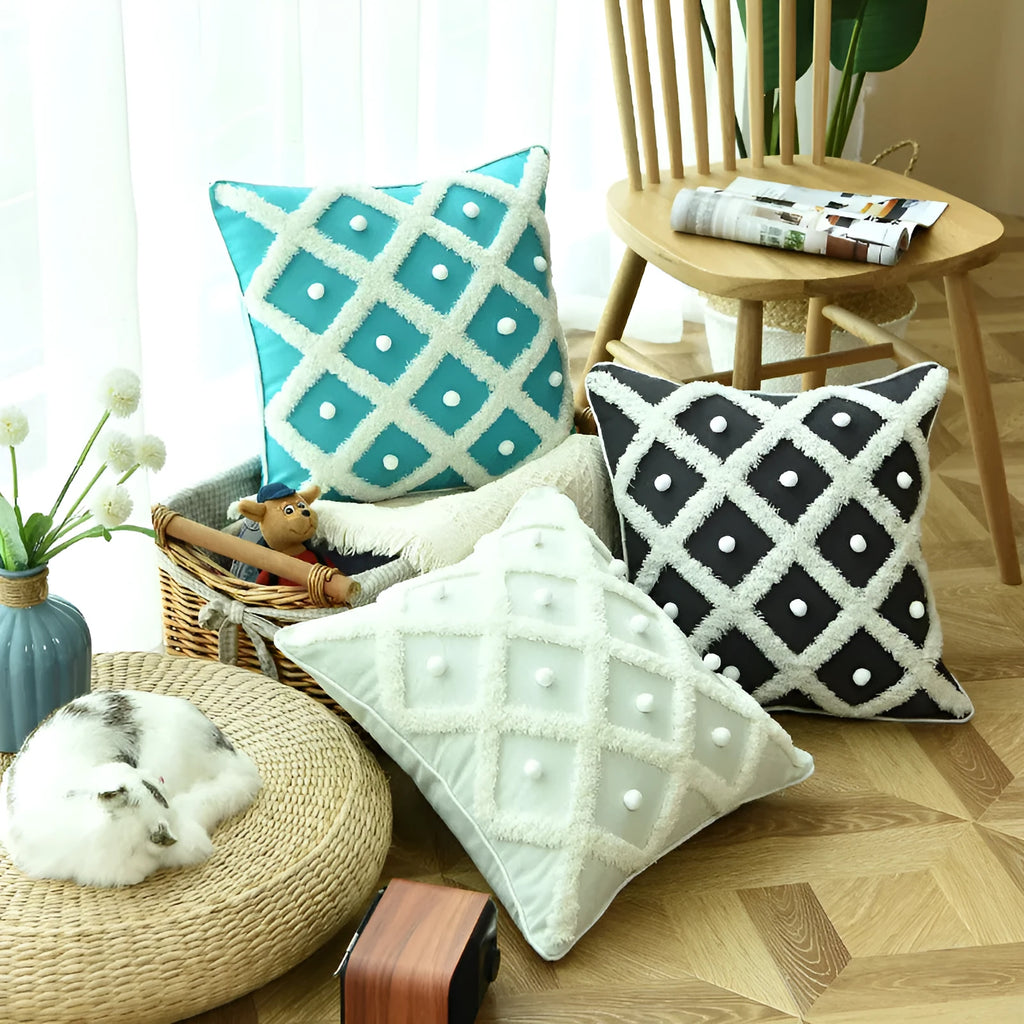 Round tufted Moroccan cushion cover 45x45cm in cotton hemp blend, white black or blue, single pillowcase
