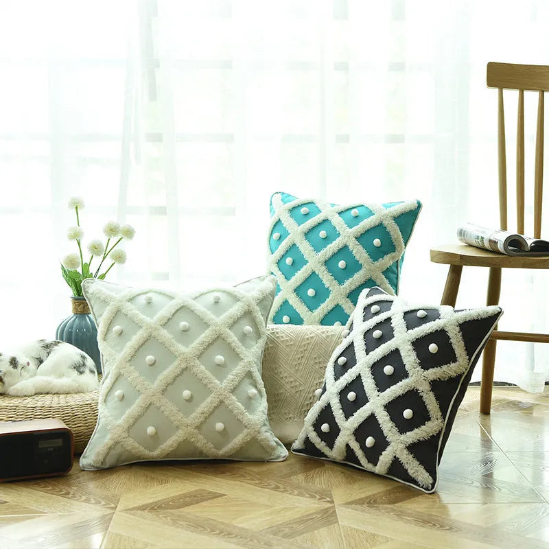 Round tufted Moroccan cushion cover 45x45cm in cotton hemp blend, white black or blue, single pillowcase