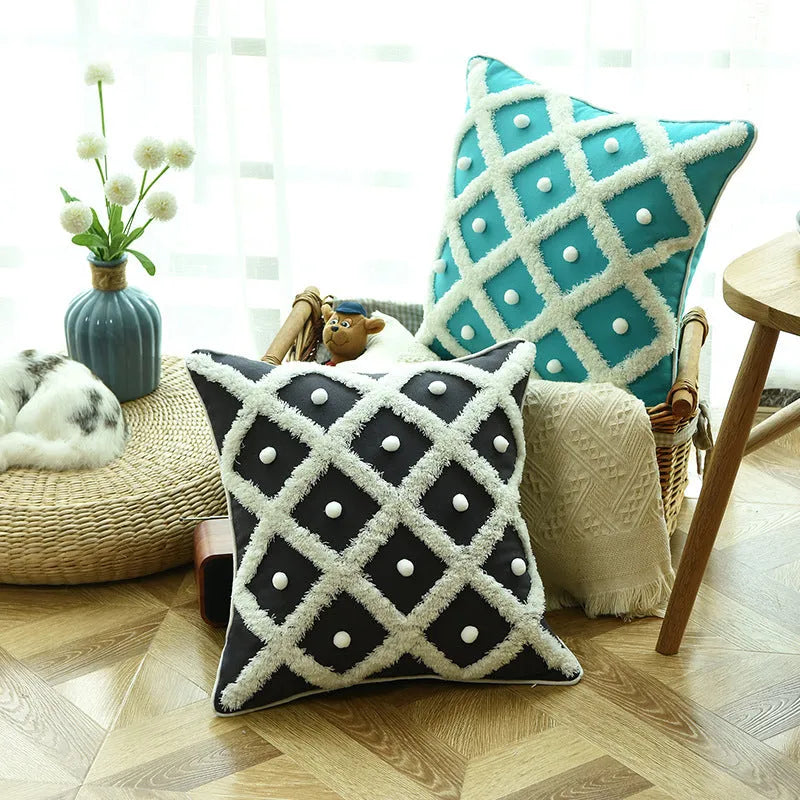 Round tufted Moroccan cushion cover 45x45cm in cotton hemp blend, white black or blue, single pillowcase