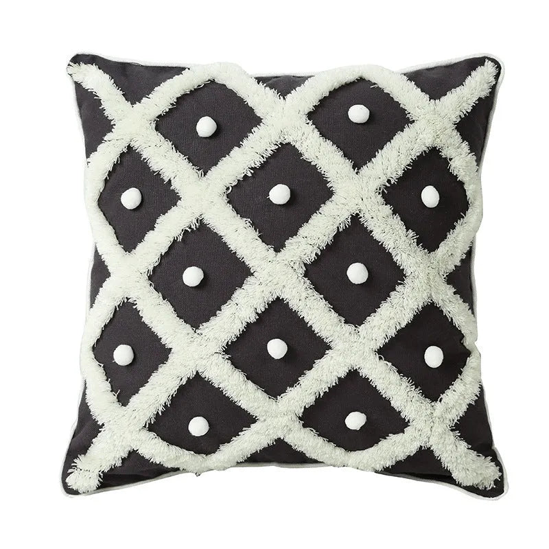 Round tufted Moroccan cushion cover 45x45cm in cotton hemp blend, white black or blue, single pillowcase