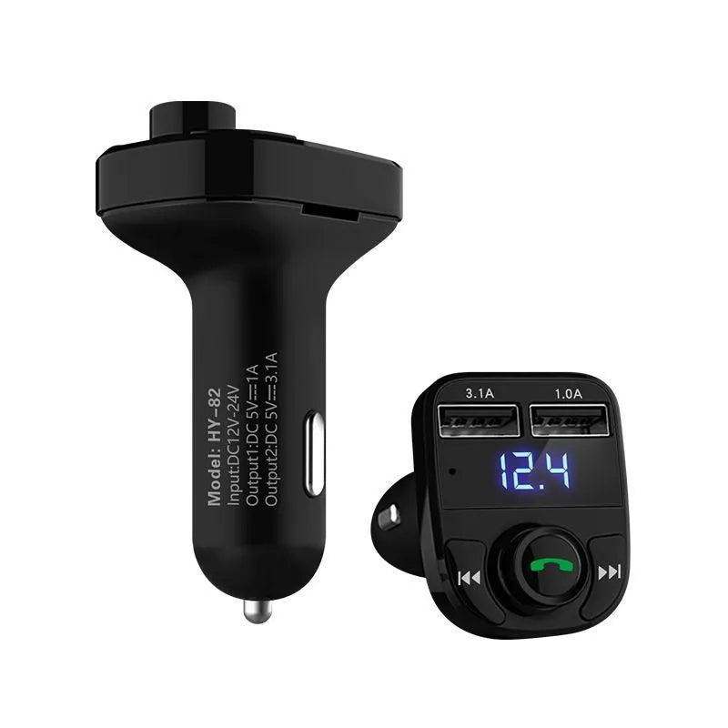 HY82 car MP3 player and Bluetooth FM transmitter with dual USB charging ports.