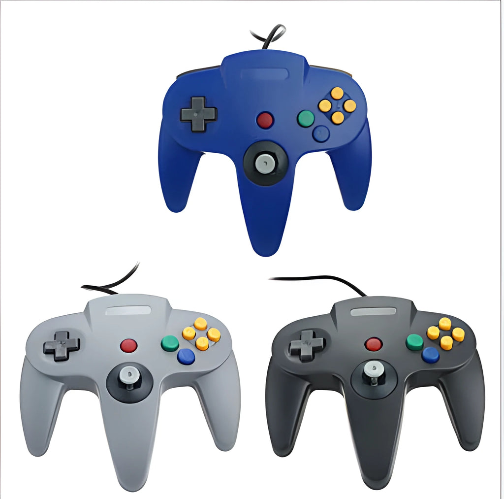 USB N64 game controller for PC in various colours including black, blue, and transparent options.