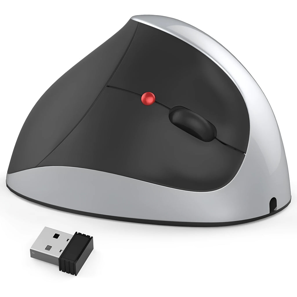 Vertical rechargeable wireless mouse in black, ergonomic design with six buttons and USB receiver