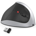 Vertical rechargeable wireless mouse in black, ergonomic design with six buttons and USB receiver