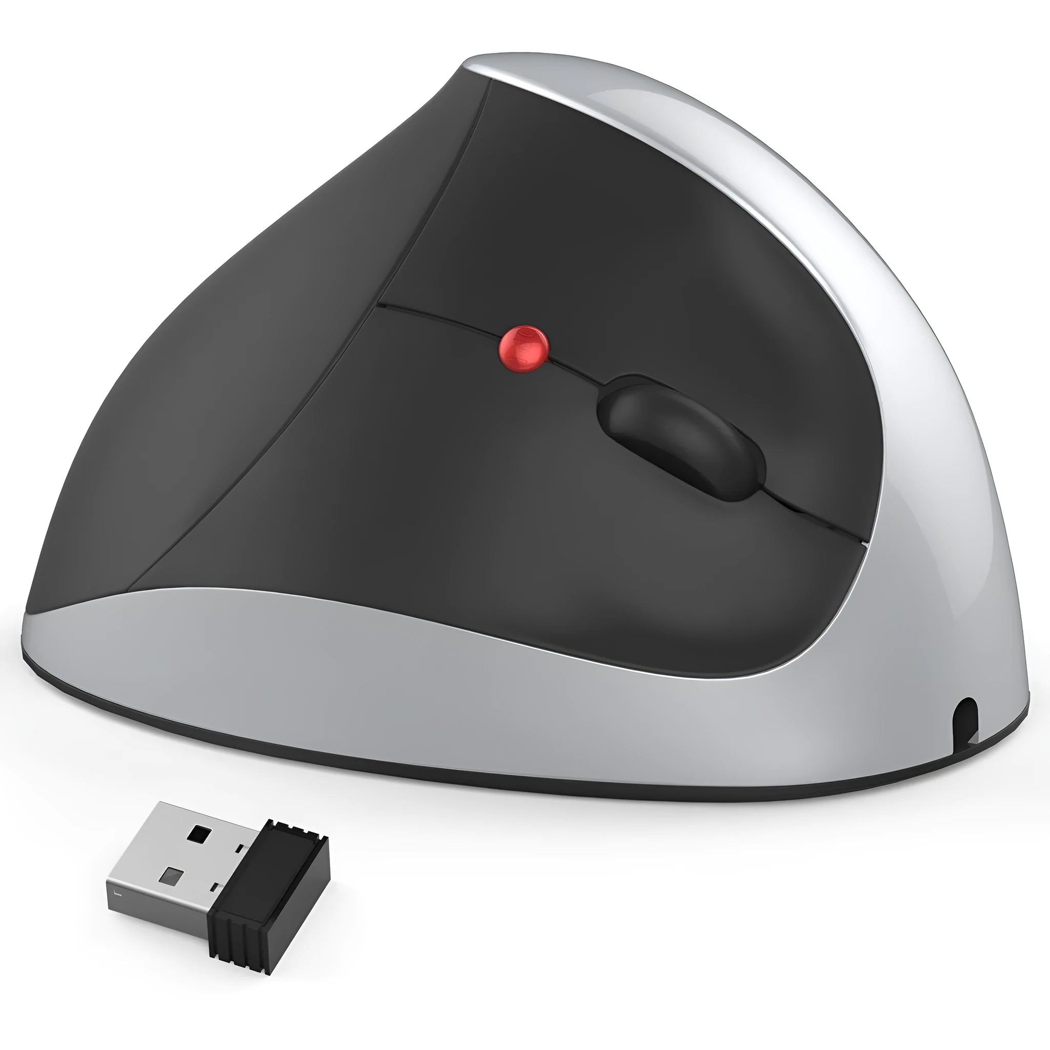Vertical rechargeable wireless mouse in black, ergonomic design with six buttons and USB receiver