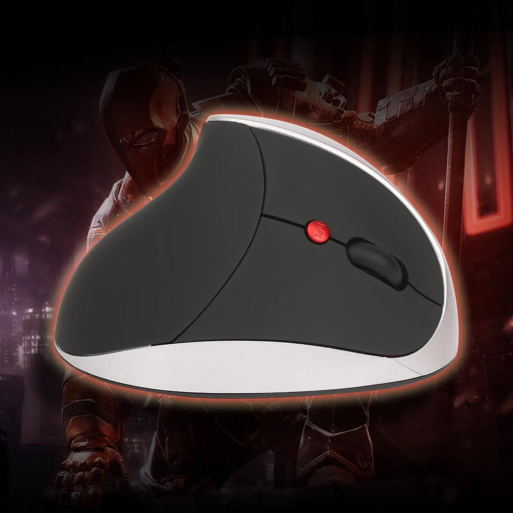 Vertical rechargeable wireless mouse in black, ergonomic design with six buttons and USB receiver