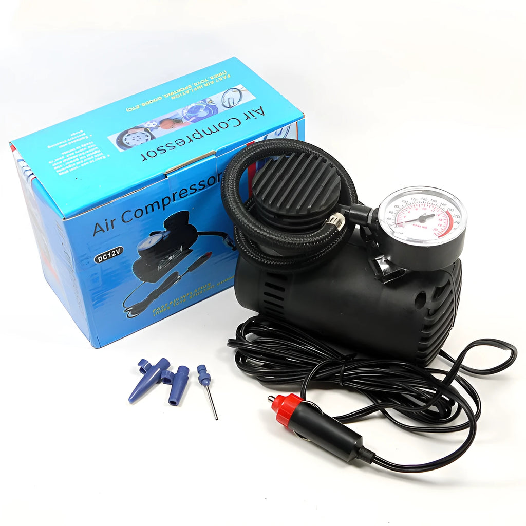 Black 12V electric air pump with 100cm power cord, 40cm inflatable tube and cigarette lighter plug for car tires and balloons