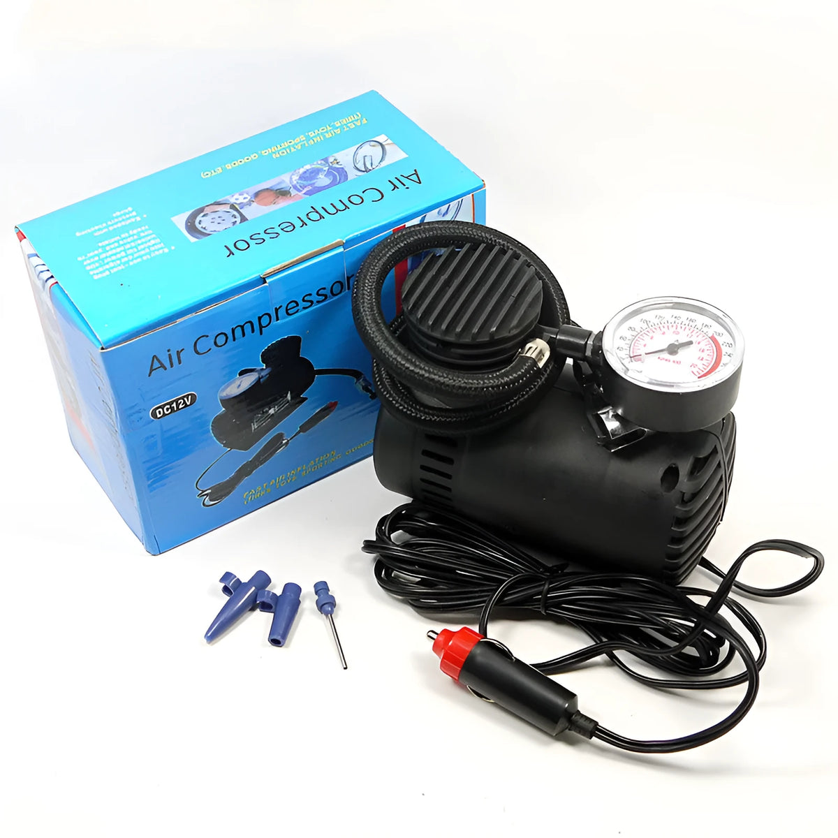 Black 12V electric air pump with 100cm power cord, 40cm inflatable tube and cigarette lighter plug for car tires and balloons